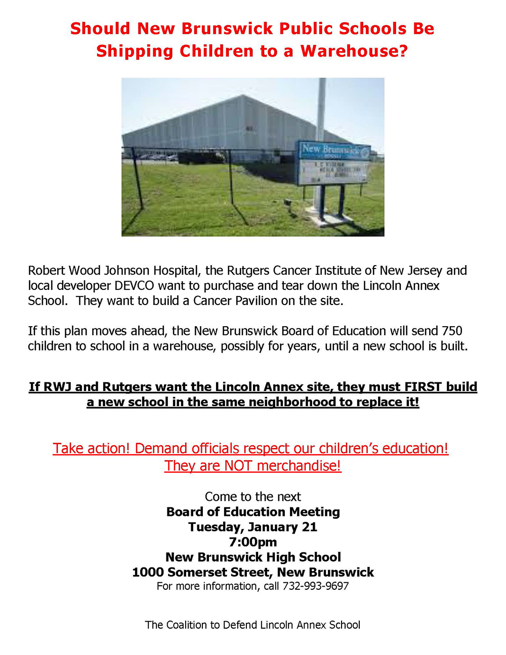 Flyer says that the New Brunswick Public Schools could be turned into a warehouse.
